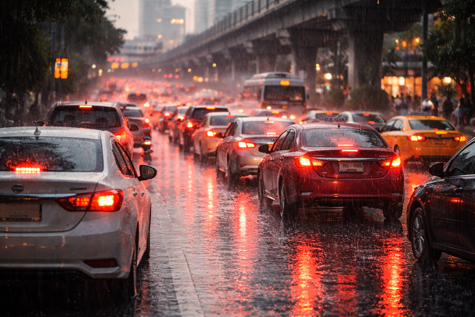 Bangkok traffic rain brake lights
